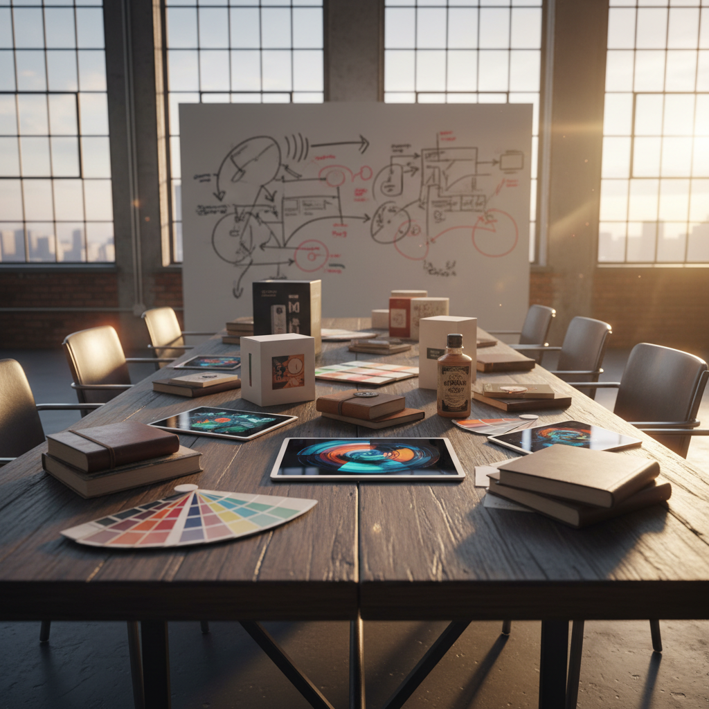 A long, industrial-style conference table of rich, weathered wood sits in a modern loft studio, covered with a vivid spread of marketing artifacts: stacked notebooks with worn leather covers, tablets showing colorful data visualizations without legible text, product mockups in various packaging eras, and color swatch fans. An oversized whiteboard in the background features bold, sweeping marker diagrams reduced to abstract lines and circles. Tall factory windows flood the room with golden hour light, reflecting off metal chair frames and creating subtle lens flares. Captured from a slightly low angle toward the far end of the table, the image has strong leading lines and photographic realism, conveying bold, collaborative strategy dedicated to revitalizing established brands.