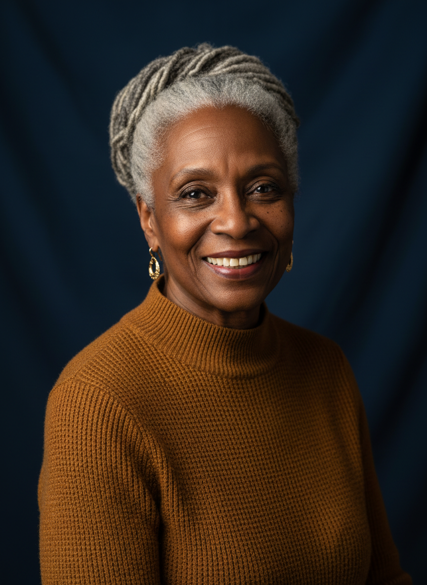 A warm, photorealistic portrait of Brenita, a dignified Black older woman in her golden years, radiating warmth, confidence, and joy.