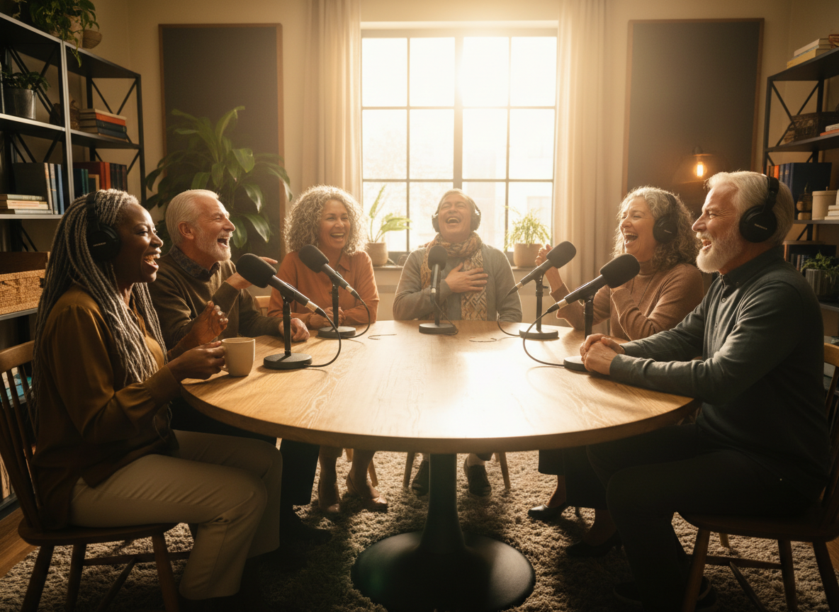 A warm, joyful, photorealistic image of a diverse group of older adults from many ethnicities and backgrounds laughing together and sharing a lively conversation, as if recording a podcast.