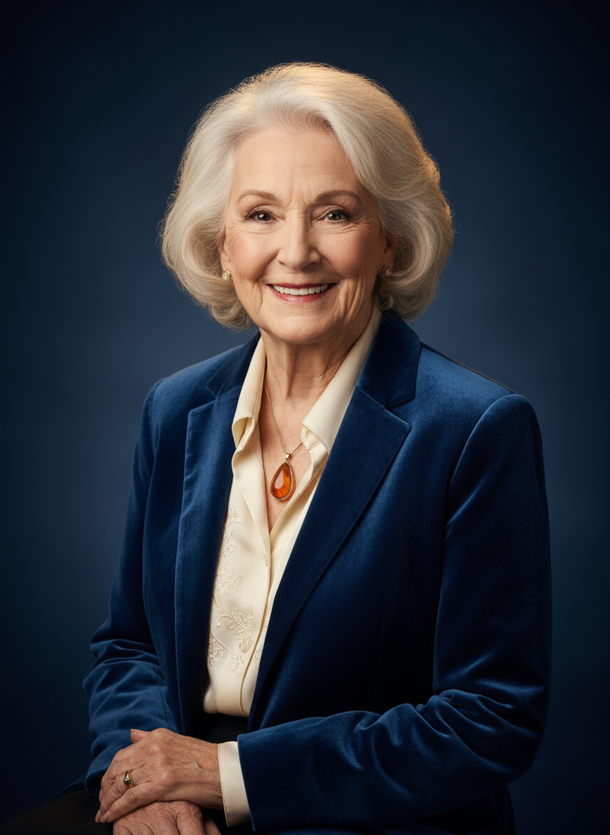A warm, photorealistic portrait of Hilda, a dignified older woman in her golden years, radiating warmth, wisdom, and joy.